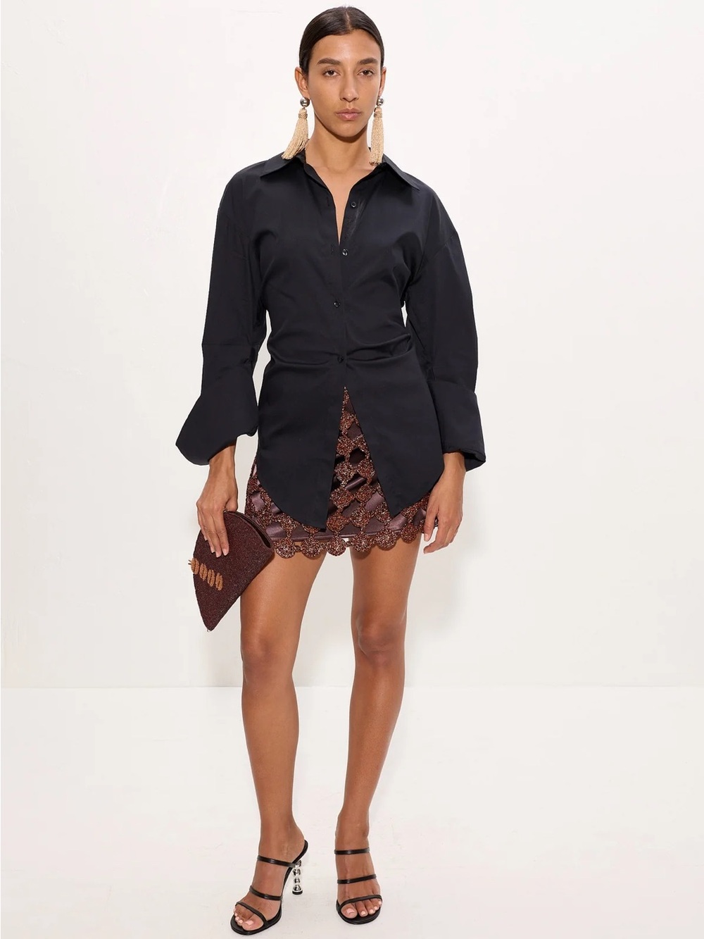Simon Miller Black Button-Up with Brown Lace Mini Skirt